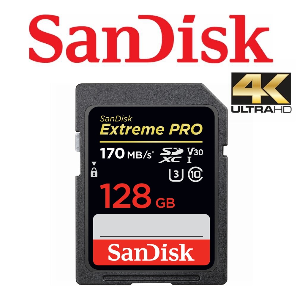 SanDisk Extreme Pro SD Card 128GB SDXC V30 U3 170MBs 4K Video DSLR