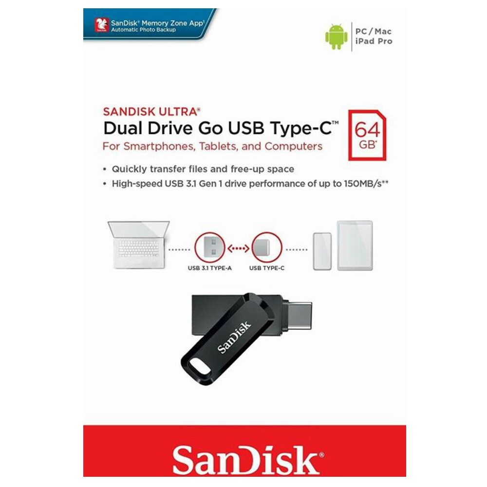 SanDisk Ultra Dual Type-C GO USB Drive 64GB USB 3.1 150Mbs PC Mac iPad