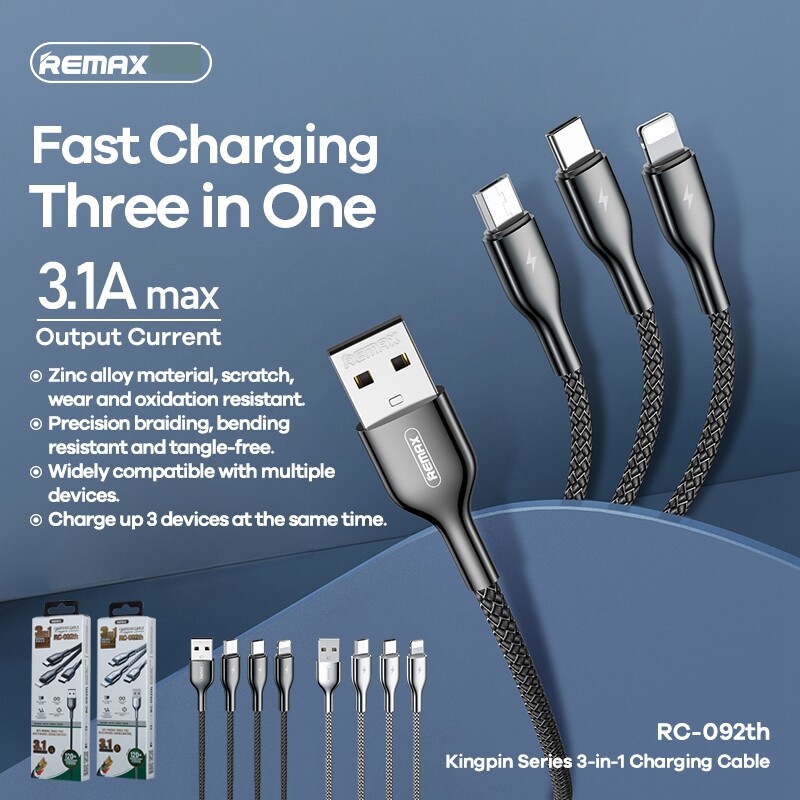 Remax 3 in 1 Multi USB Fast Charging Cable Type-C iPhone MicroUSB 3.1A Black