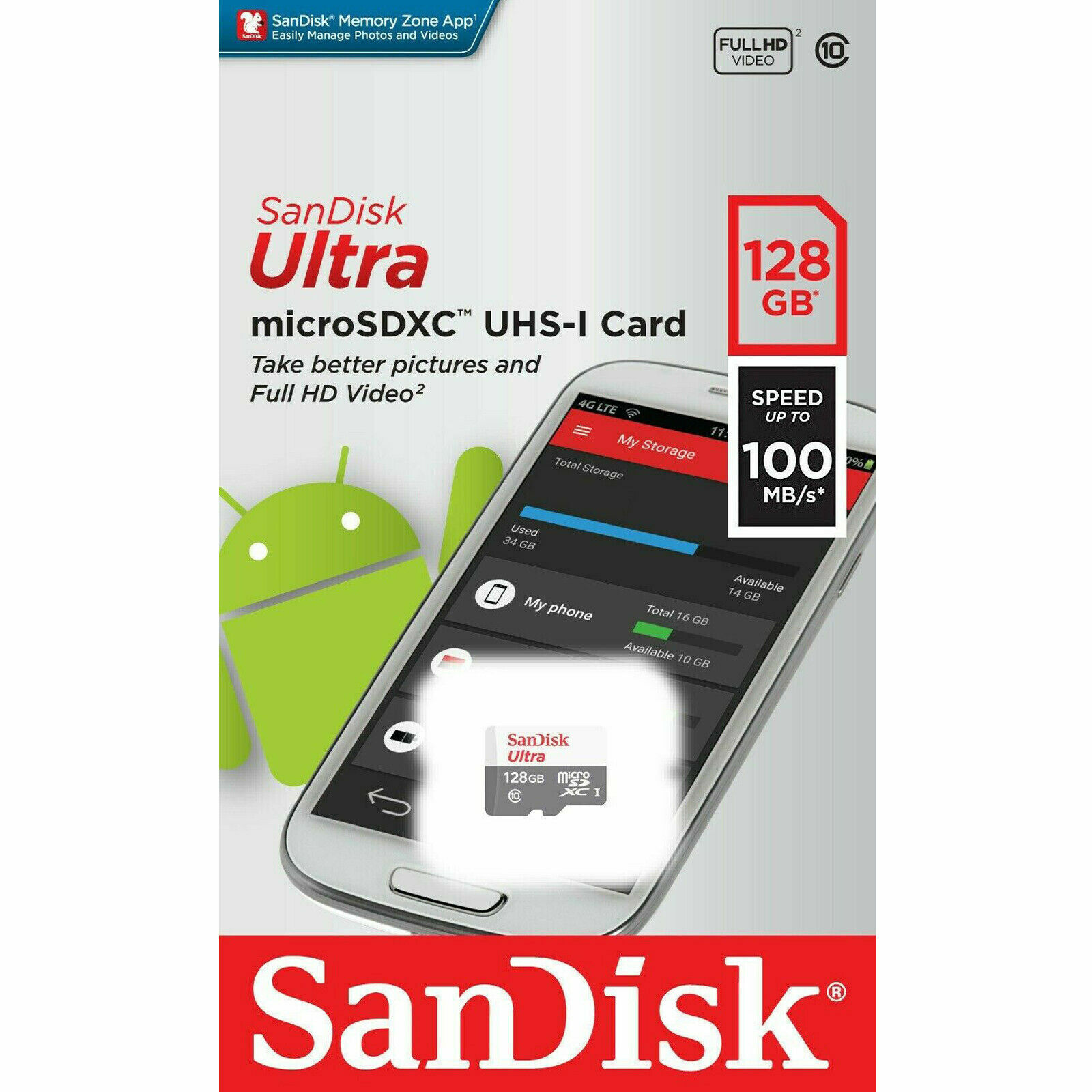 SanDisk Ultra MicroSD 128GB SDXC Class 10 High Speed 100Mbs Mobile Phone