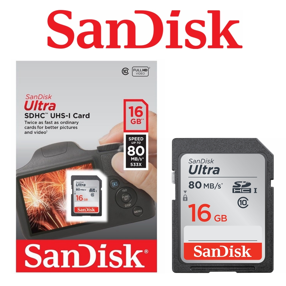 SanDisk Ultra 16GB SDHC Class 10 SD Card 80mb/s DSLR Video Camera AU