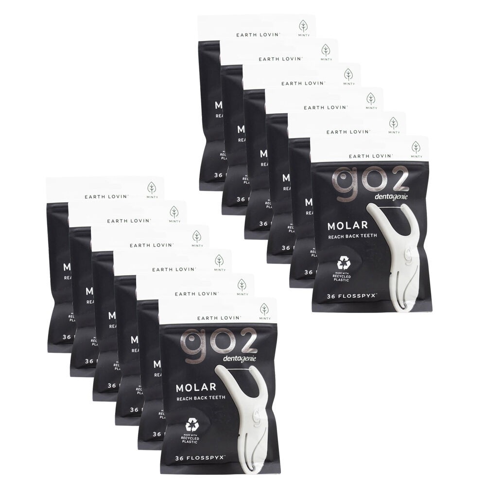 12x 36pc 2 DENTAGENIE Go2 Flosspyx Molar Reach Teeth Dental Floss Picks Black