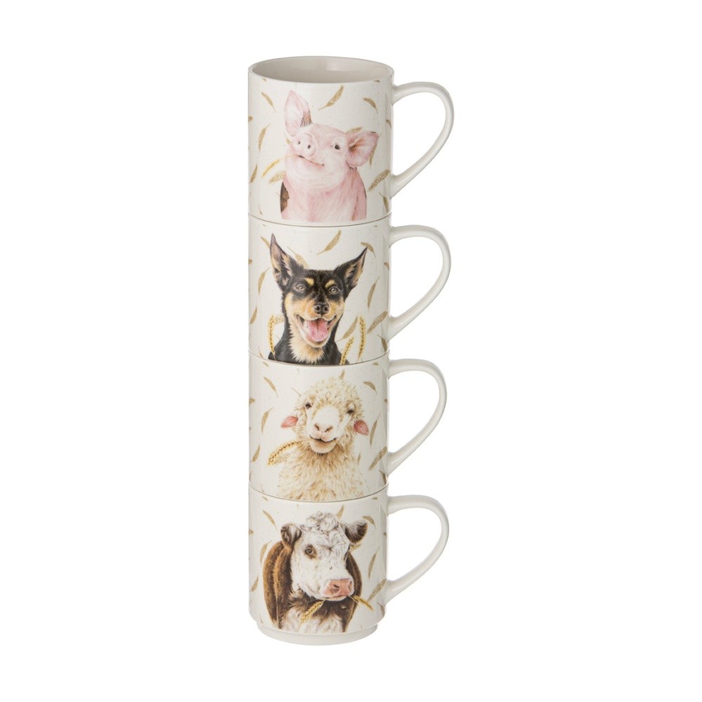 Ashdene 522083 4pc Farmyard Faces Multicoloured Bone China Stackable Mugs