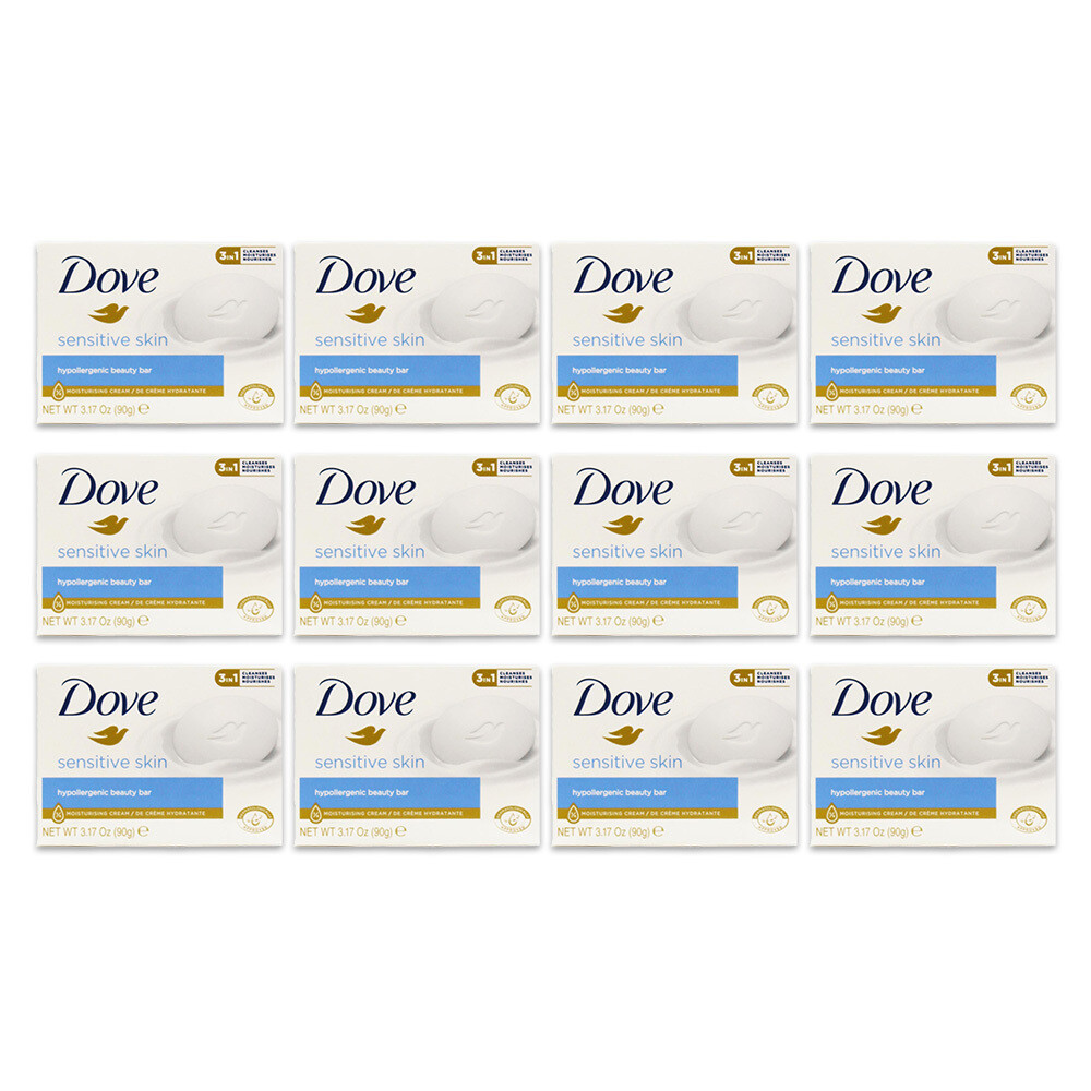 12x Dove 90g Soap Bar Sensitive Skin Moisturising Cream Hypollergenic White