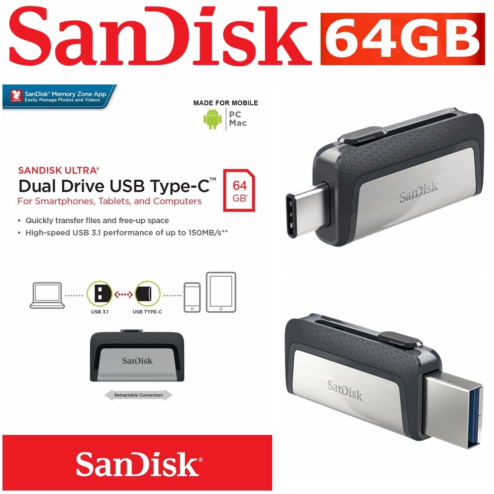 SanDisk 64GB Type-C USB 3.1 OTG Dual Flash Drive Stick PC Mac Samsung