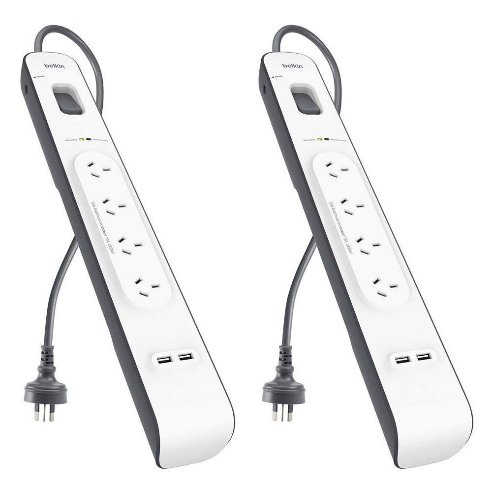2x Belkin BSV401AU2M_2PK 4 Way Surge Protector Power Board 2m 525 J