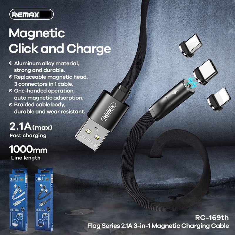 Remax 3 in 1 Magnetic Charging Cable Android Micro USB Type C For iPhone Black