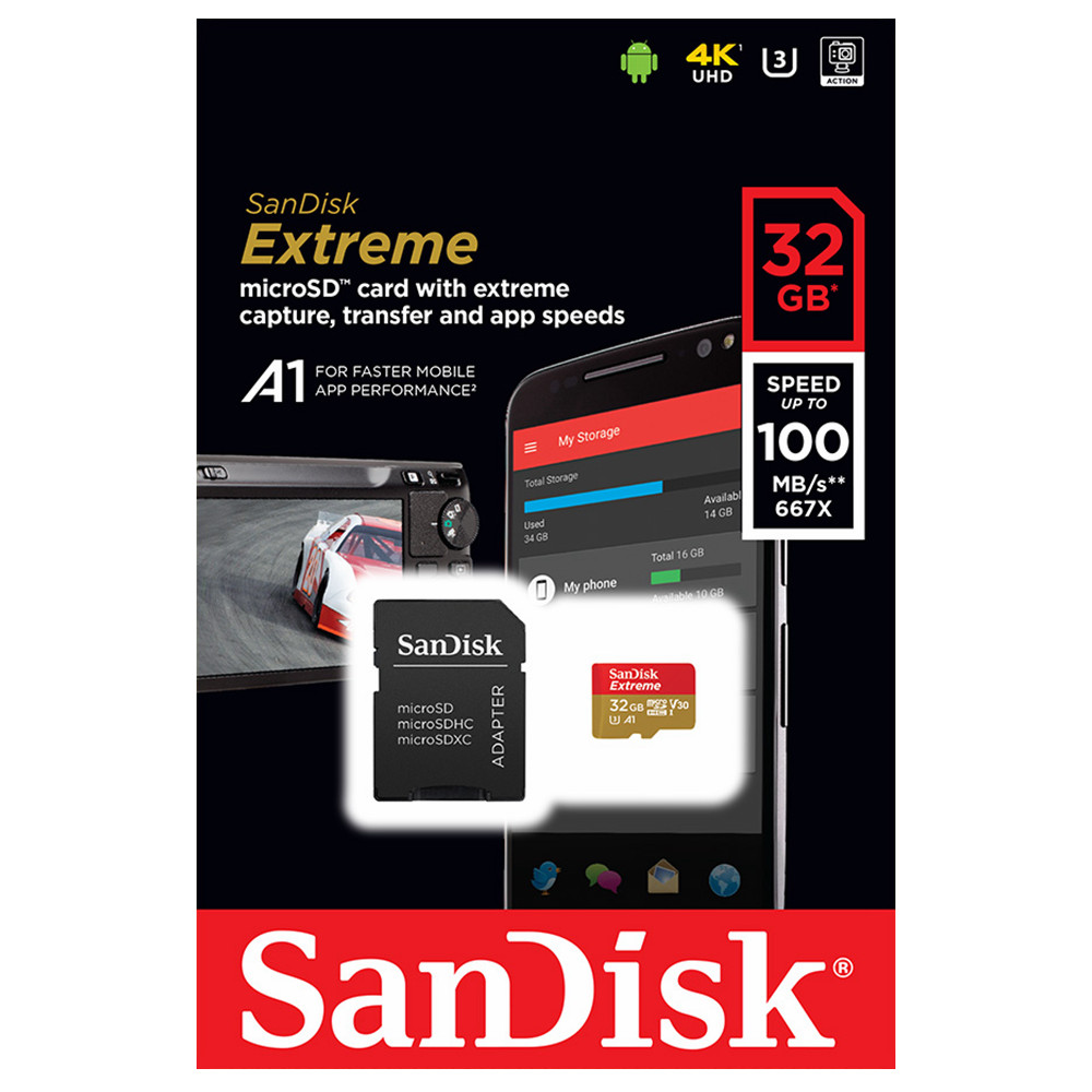 SanDisk Extreme 32GB MicroSDHC U3 Class 10 Memory Card 4K GoPro Dash Cam