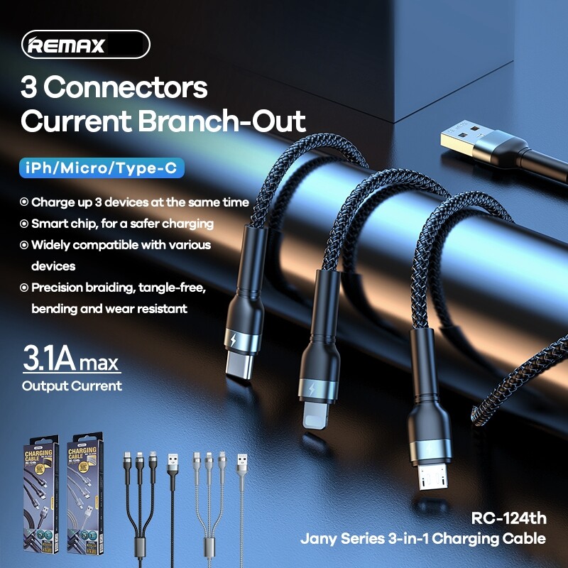 Remax 3 in 1 Multi USB Charger Charging Cable Type-C iPhone Micro-USB Black