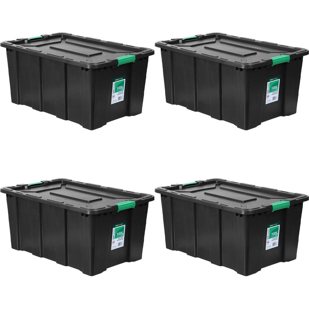 4PK BOXSWEDEN Eco Storage Box 100L Heavy Duty Tub Crate Black Large