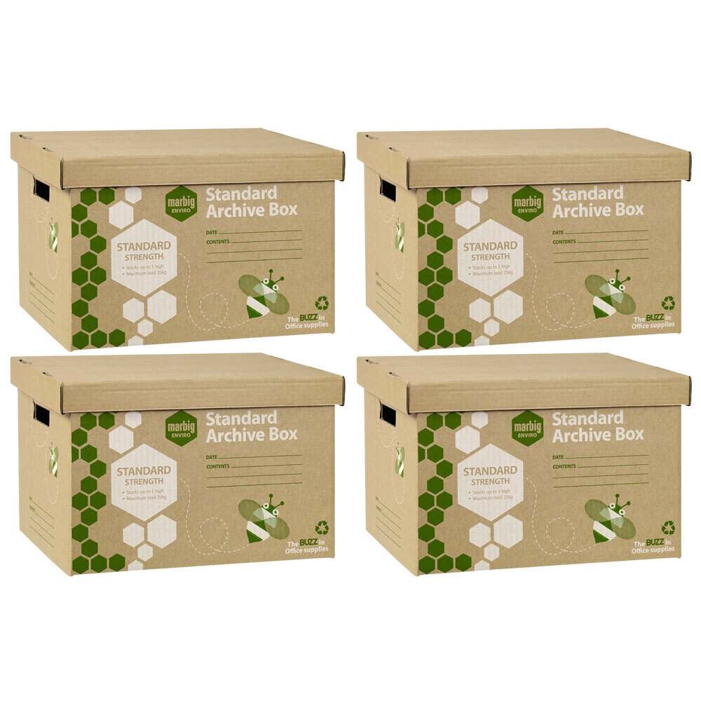 Marbig 4pc Archive Storage Box Cardboard Moving w/ Lid Stackable 80020F_4PK