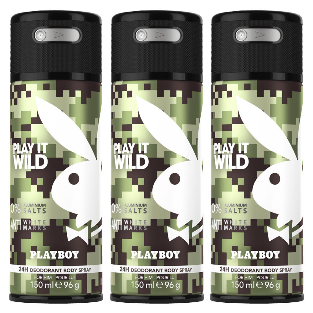 3x PLAYBOY Play It Wild 150ml Deodorant Spray Men Grapefruit 24h Protection