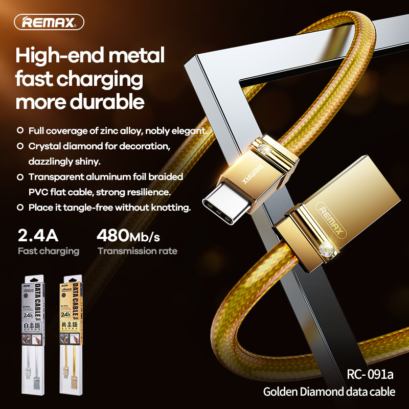 Remax Phone Charging Cable Fast Sync Gold Diamond Metal Design iPhone 12 11