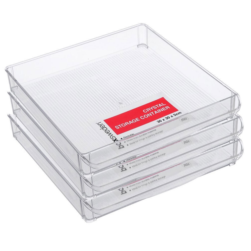 3x Boxsweden 82164_3PK Crystal Clear Plastic Fridge Tray 30x5cm Square