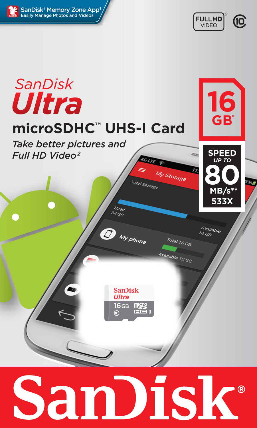 SanDisk Ultra MicroSD Card 16GB SDHC Class 10 48MB Mobile Phone Tablet
