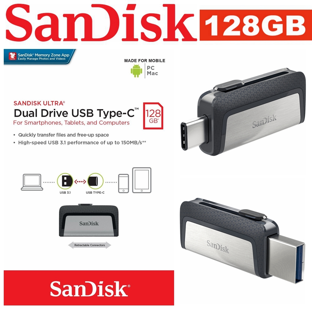 SanDisk 128GB Type-C OTG Dual USB 3.1 Flash Drive Stick PC Mac Samsung