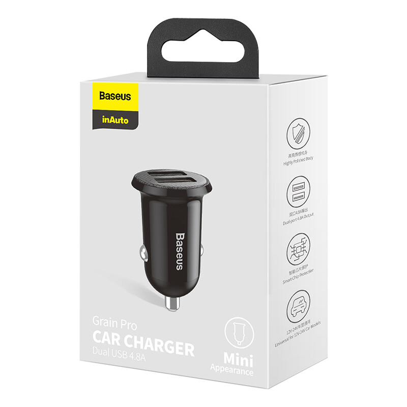 Baseus GrainPro Mini Dual USB Car Charger 4.8A Black For Apple iPhone 13 Pro Max