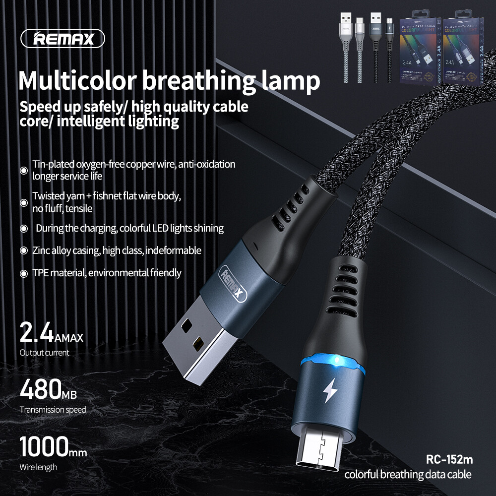 Remax Micro USB Phone Cable 2.4A Safe Fast Charge Colorful LED Light Black