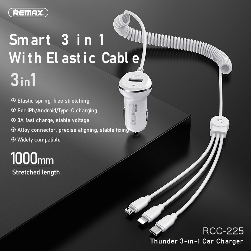 REMAX 3 in 1 Thunder Car Charger USB 3.1A Type-C Micro USB iPhone Cable