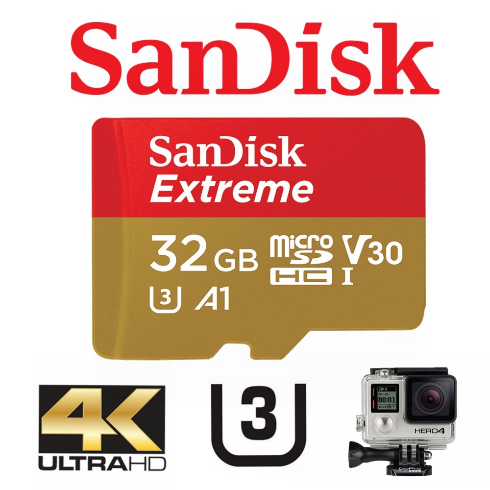 SanDisk Extreme 32GB MicroSDHC U3 Class 10 100MB/s A1 GoPro Dash Cam Card