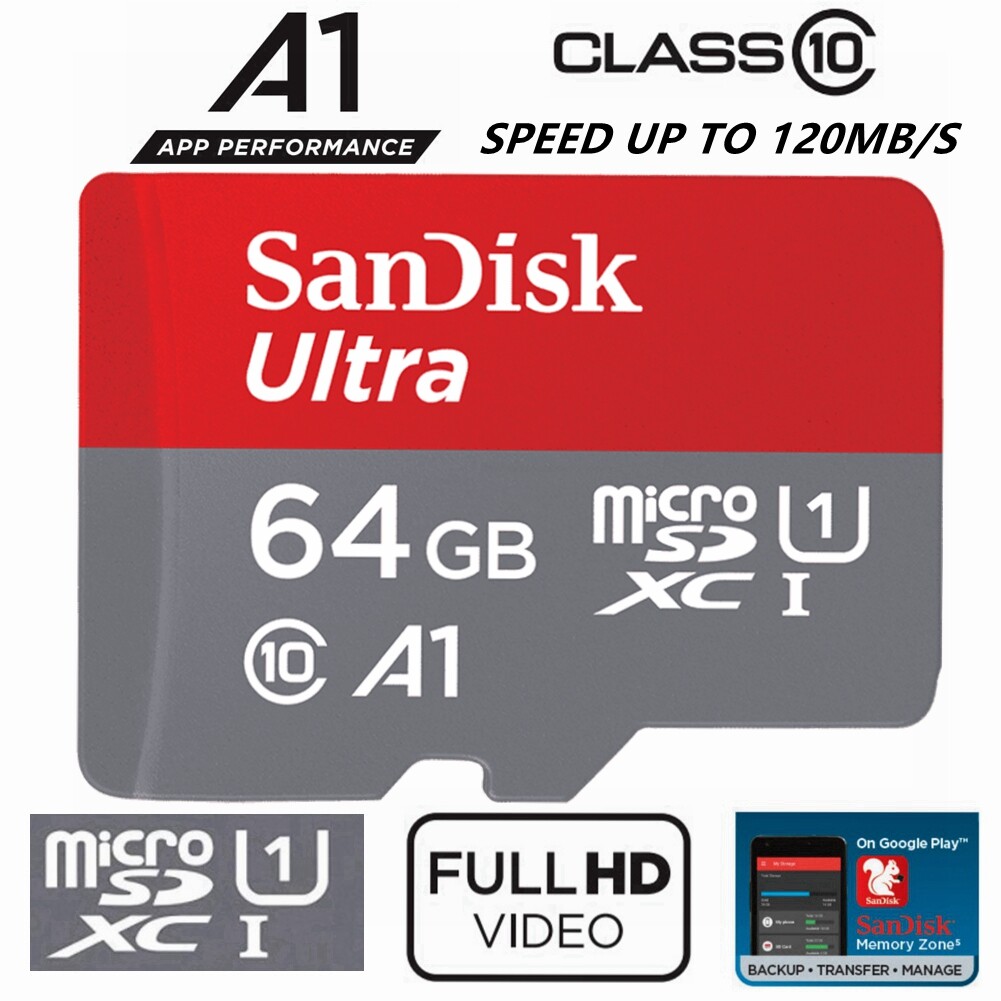 SanDisk Ultra Micro SD Card 64GB SDXC A1 Class 10 120Mb/s UHS-I SDSQUA4-064G