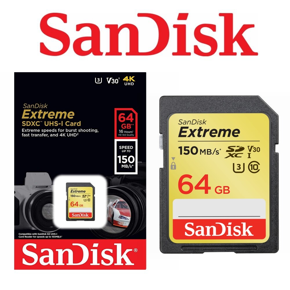SanDisk Extreme SDXC 64GB Memory Card U3 V30 4K UHD DSLR 150MB/s