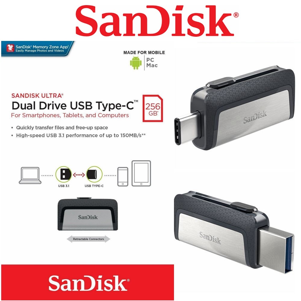 SanDisk 256GB Type-C USB 3.1 OTG Dual Flash Drive Stick PC Mac Samsung