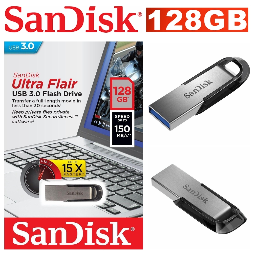SanDisk Ultra Flair CZ73 USB 3.0 128GB Flash Drive Mac PC 150MB/s