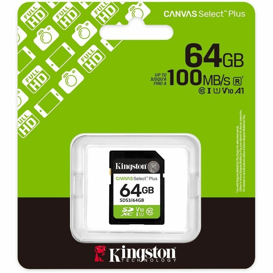 Kingston Canvas Select Plus SD Card 64GB SDXC SDS3-64GB Class 10/UHS-I U1 V10