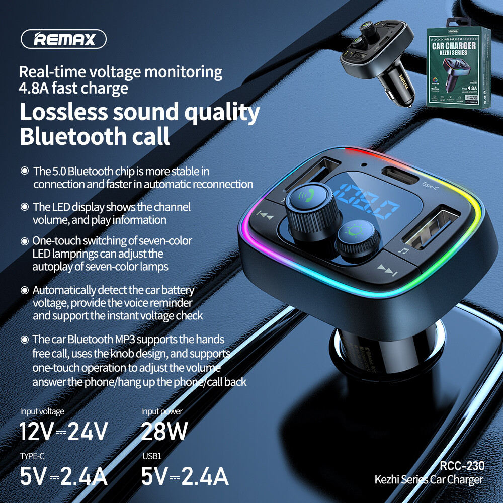 REMAX Car Bluetooth FM Transmitter MP3 Player USB Type-C 4.8A Fast Charge