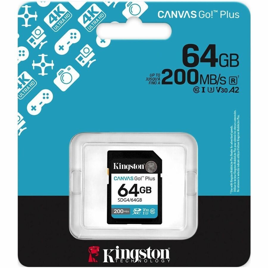 Kingston SD Card 64GB SDXC Canvas Go Plus Gen4 200MB/s C10 UHS-I U3 V30 A2
