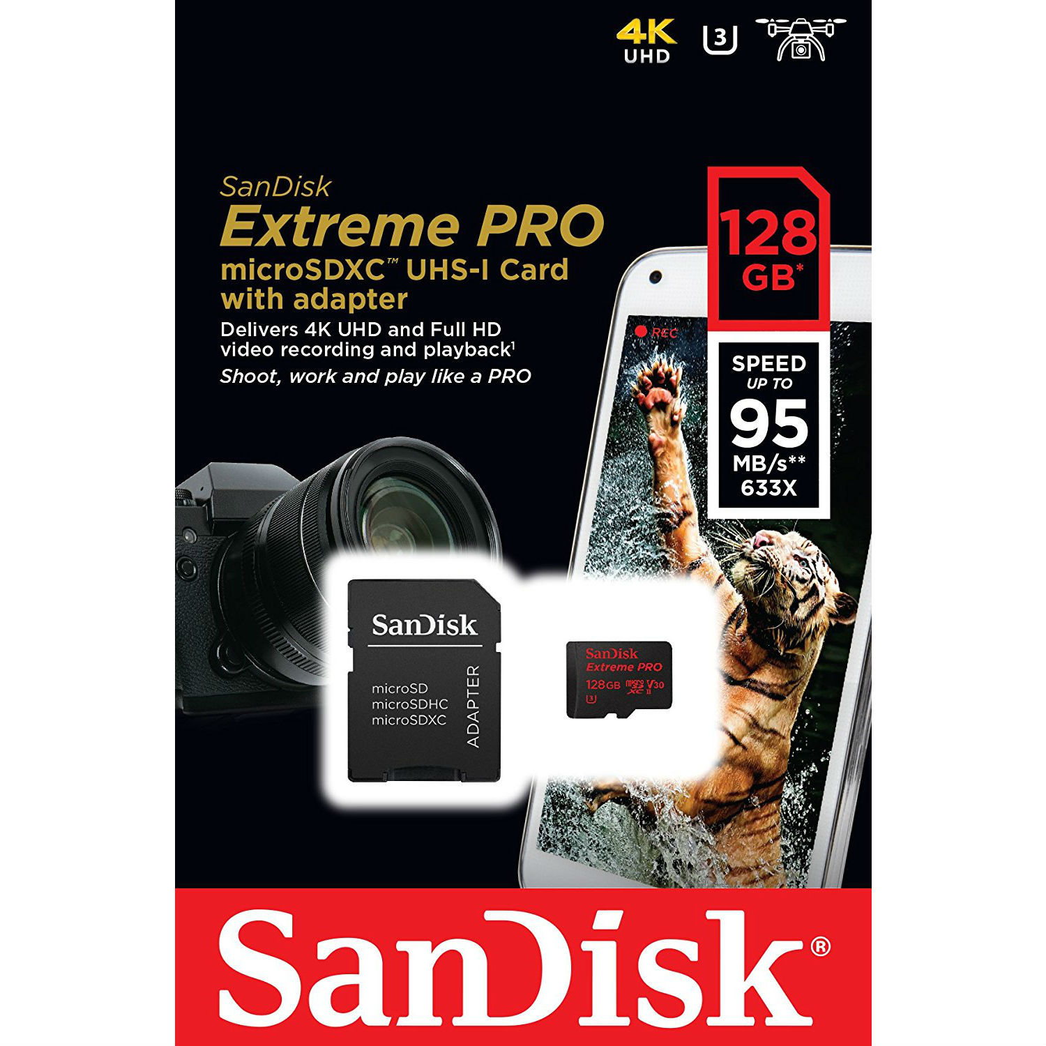 SanDisk Extreme Pro 128GB MicroSD SDXC Memory Card U3 Class 10 with Adapter