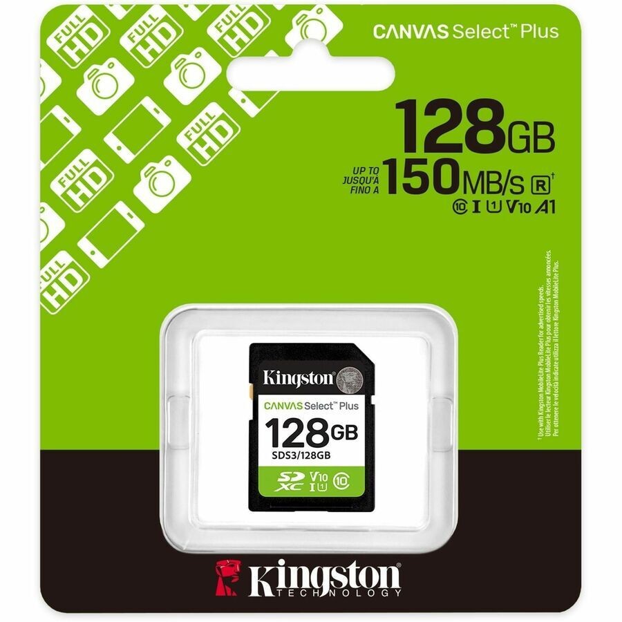 Kingston Canvas Select Plus SD Card 128GB SDXC Class 10/UHS-I U1 V10 150MB/s