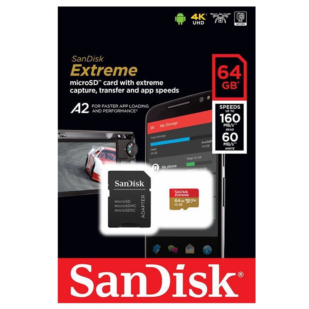 SanDisk Extreme MicroSD 64GB SDXC Memory Card Class 10 U3 A2 160MB GoPro