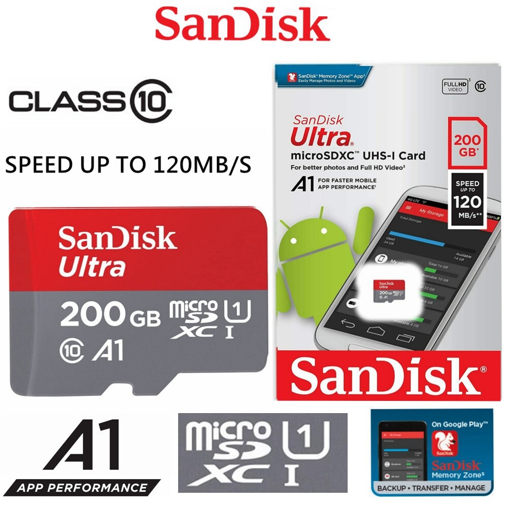 SanDisk 200GB MicroSD SDXC Class10 Memory SDSQUAR-200G 120mb Phone Camera Tablet