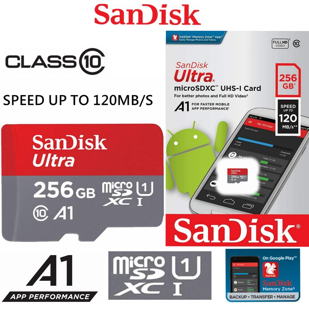 SanDisk Ultra MicroSD 256GB SDXC Class10 A1 120Mb/s Camera Memory Card