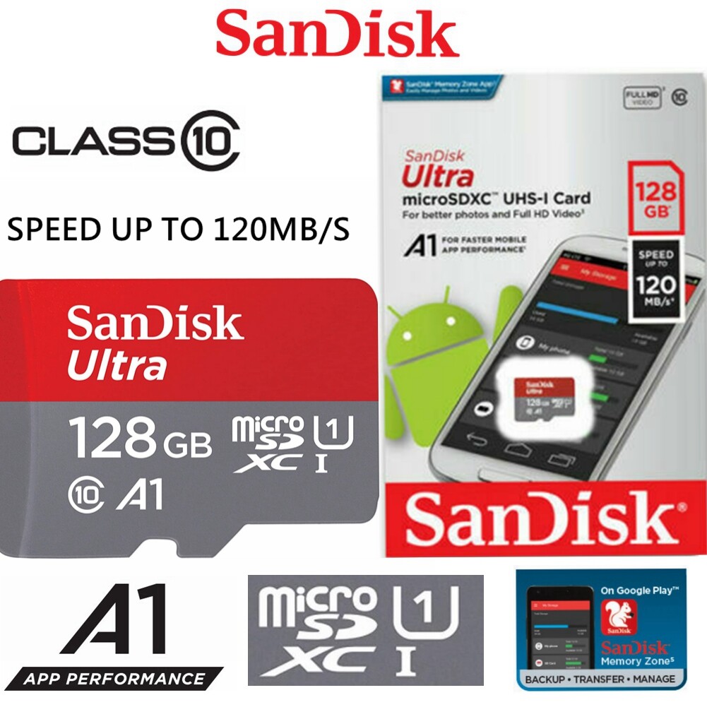 SanDisk Ultra Micro SD Card 128GB Class 10 A1 120Mb/s High Speed Universal