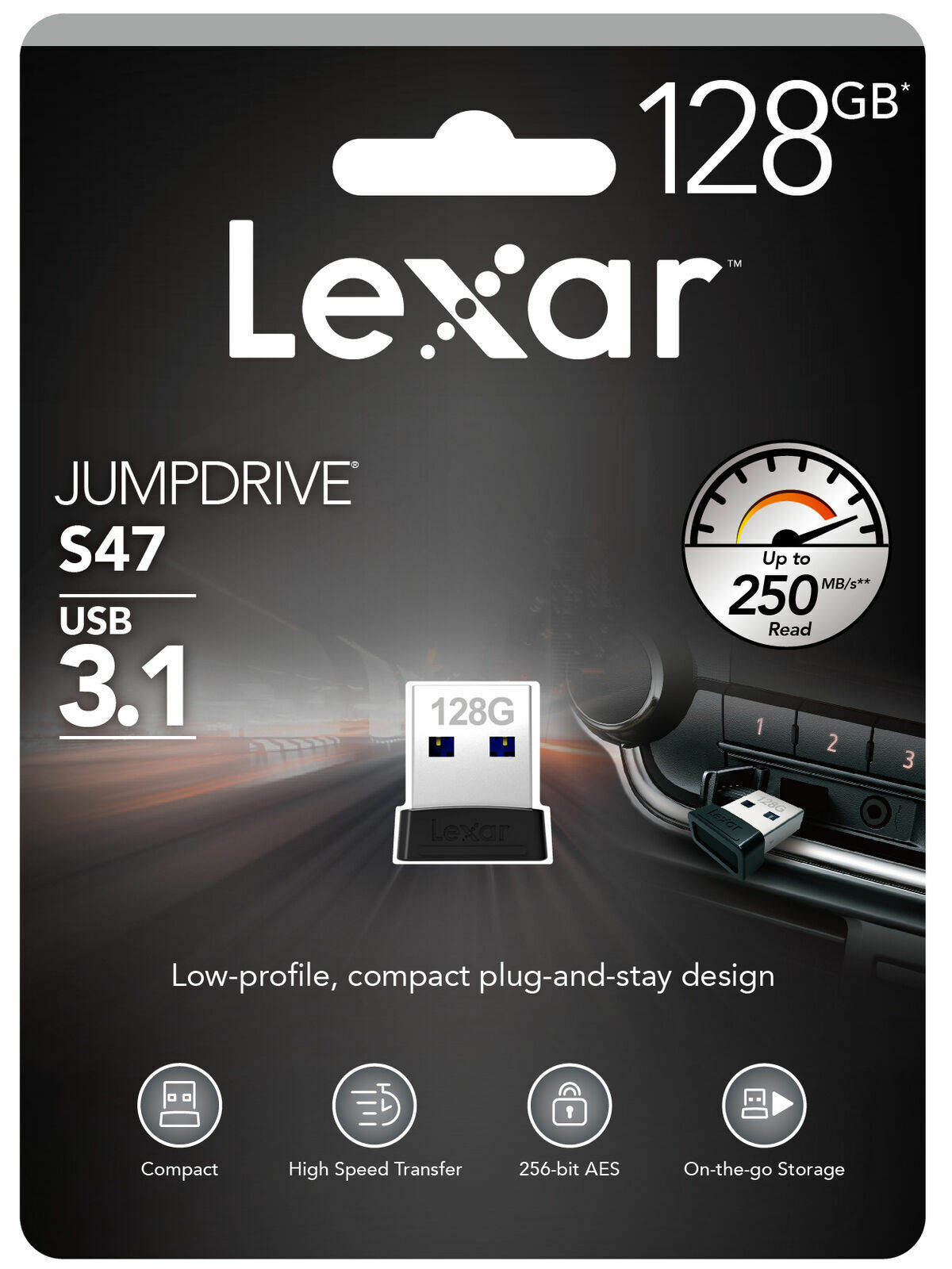 Lexar USB 3.1 128GB Flash Drive Jump Drive S47 Black 250MBs Laptop