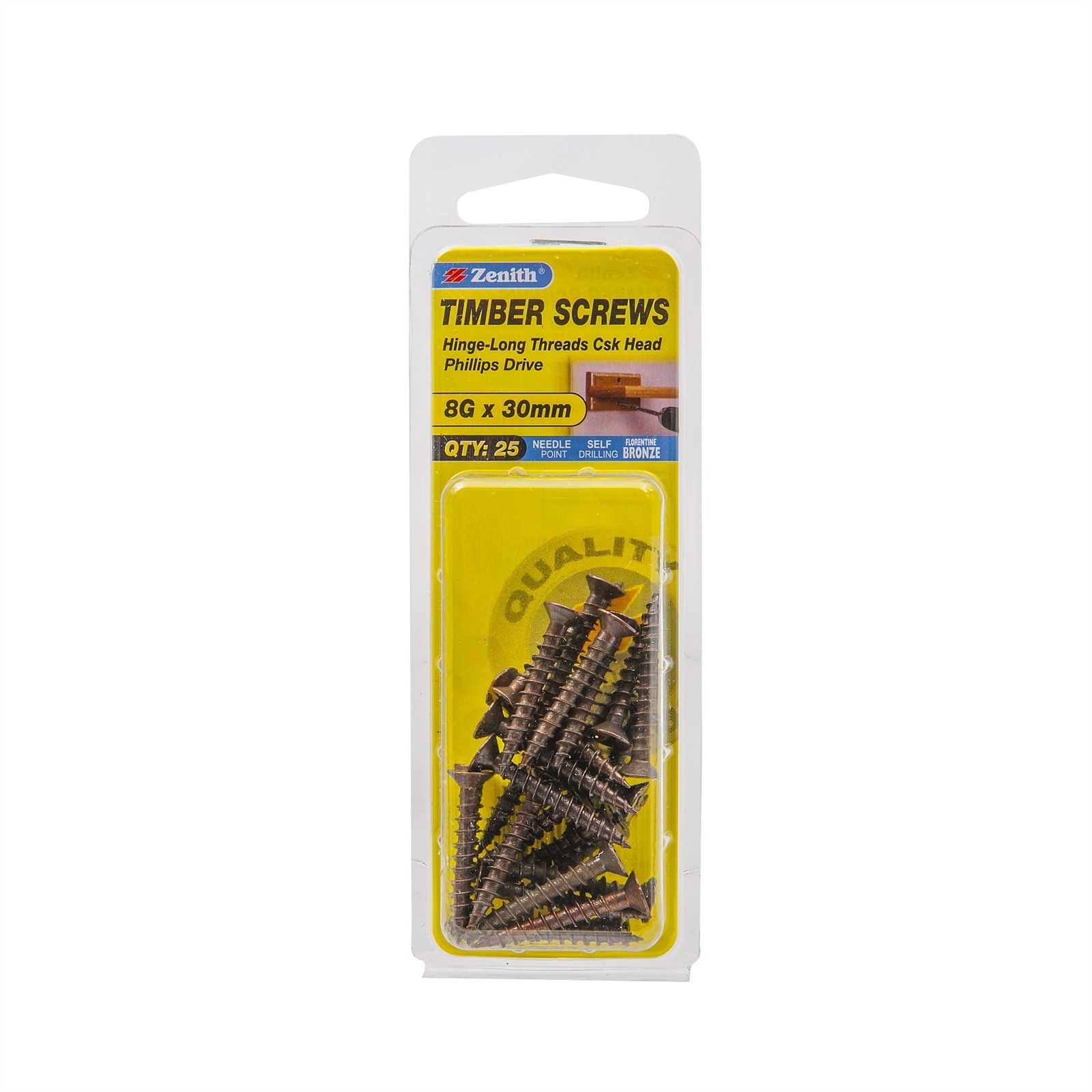Zenith 8G x 30mm Florentine Bronze Hinge-Long Threads Countersunk Head 2 pieces