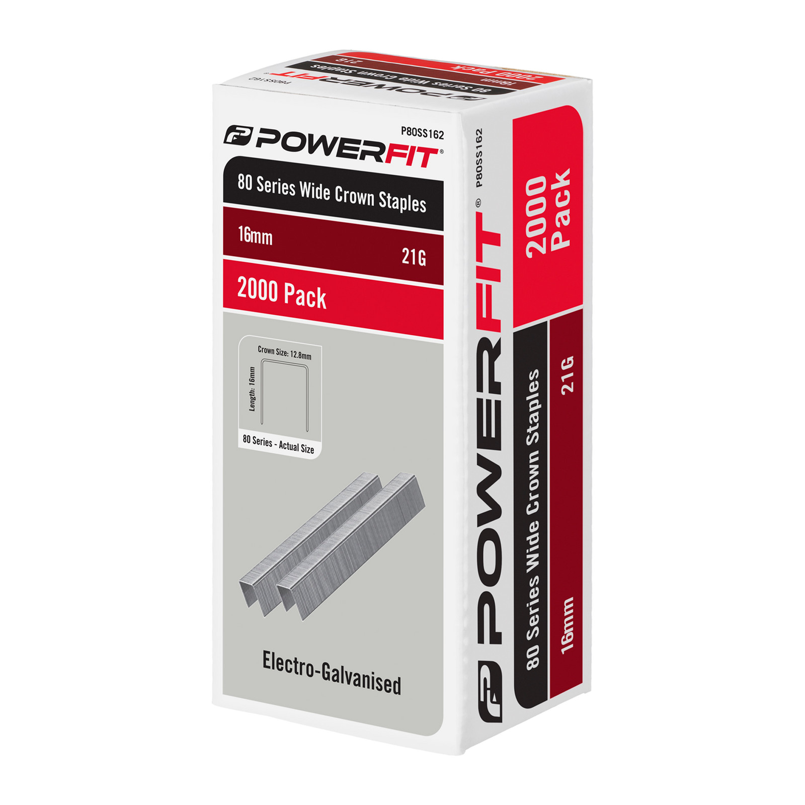 PowerFit 16mm 80 Series Electro-Galvanised Wide Crown Staples - 2000 pieces