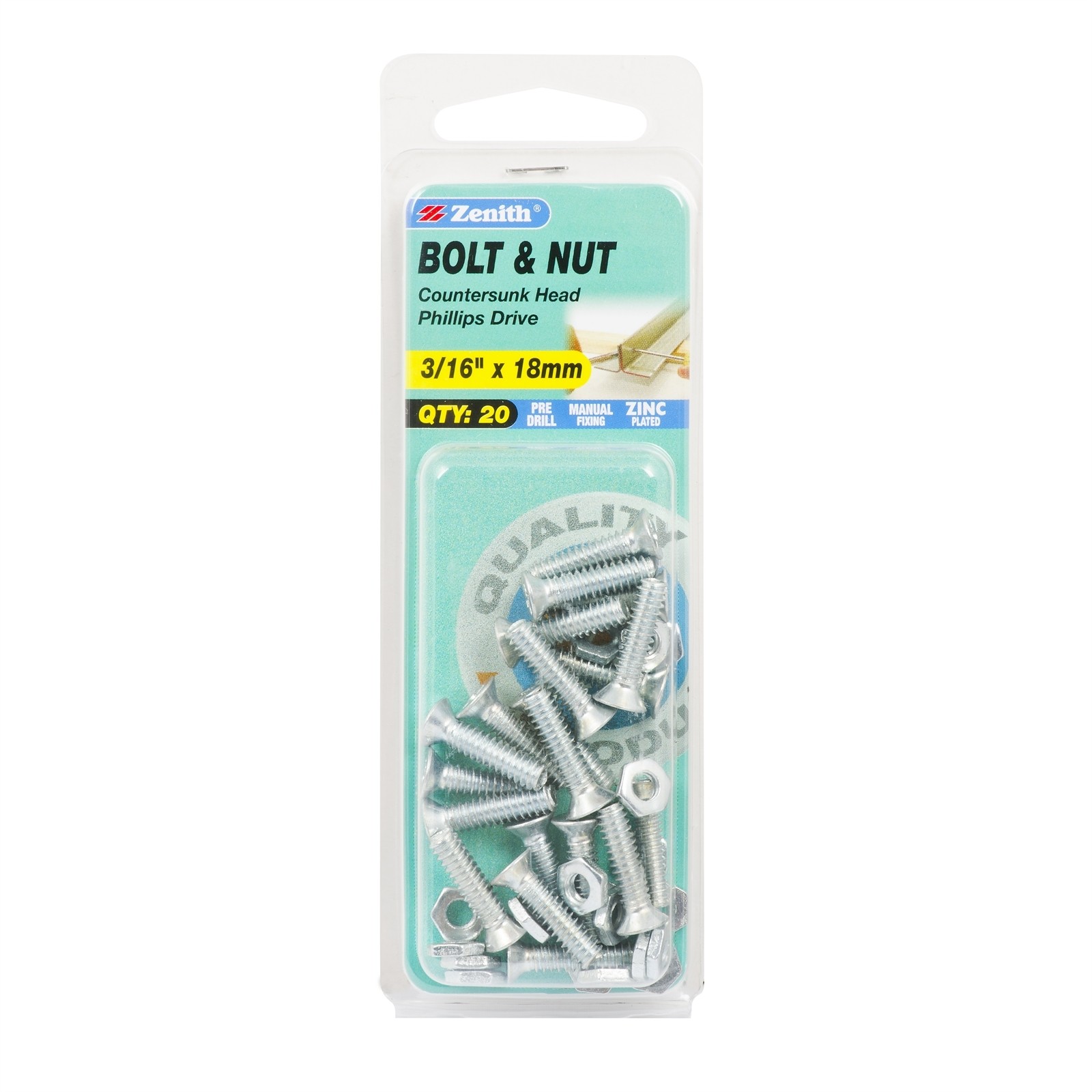 Zenith 3/16" x 18mm Zinc Plated Countersunk Bolt And Nut 2 pcs