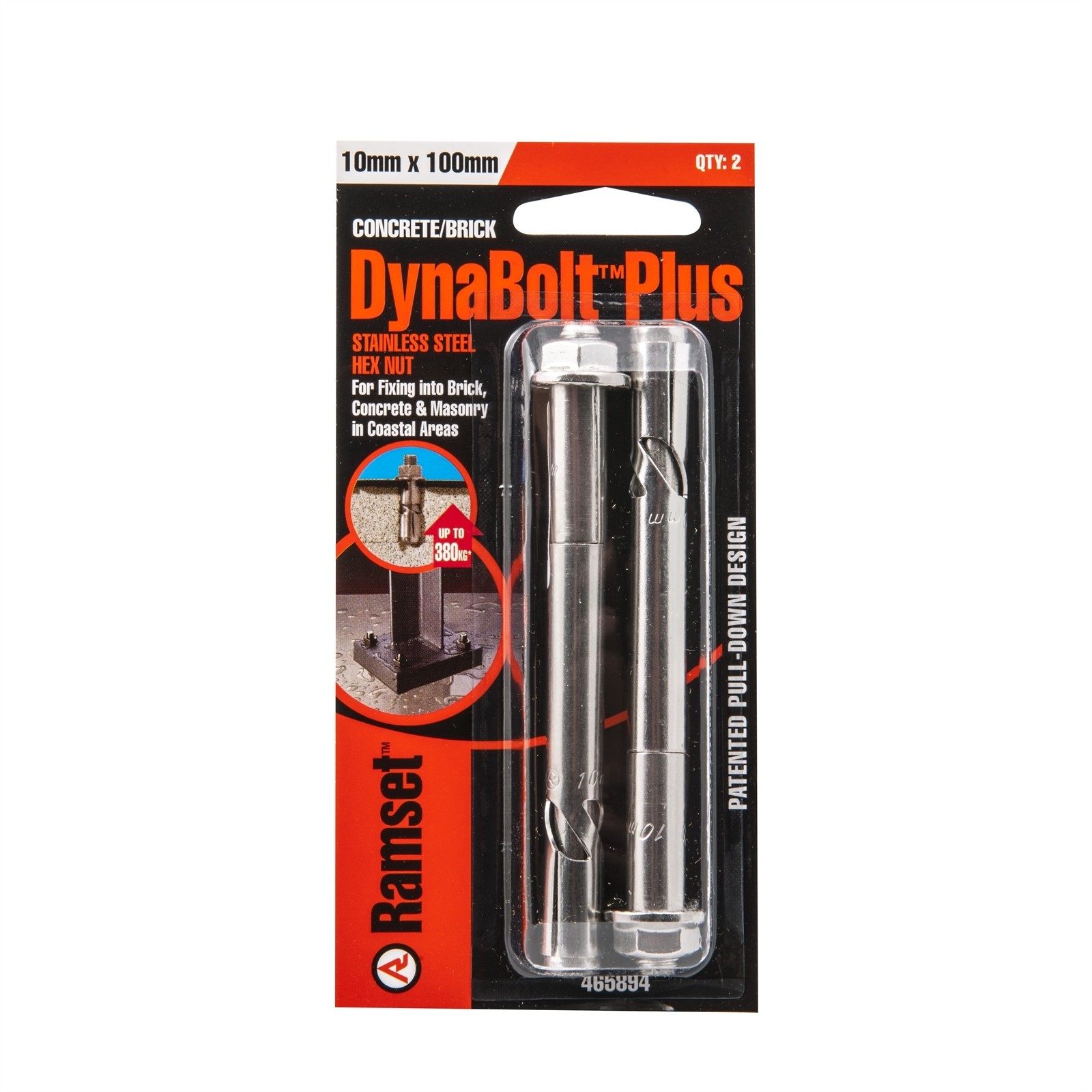 Ramset 10 x 100mm Stainless Steel DynaBolt Plus Hex Head Bolt - 2 pieces
