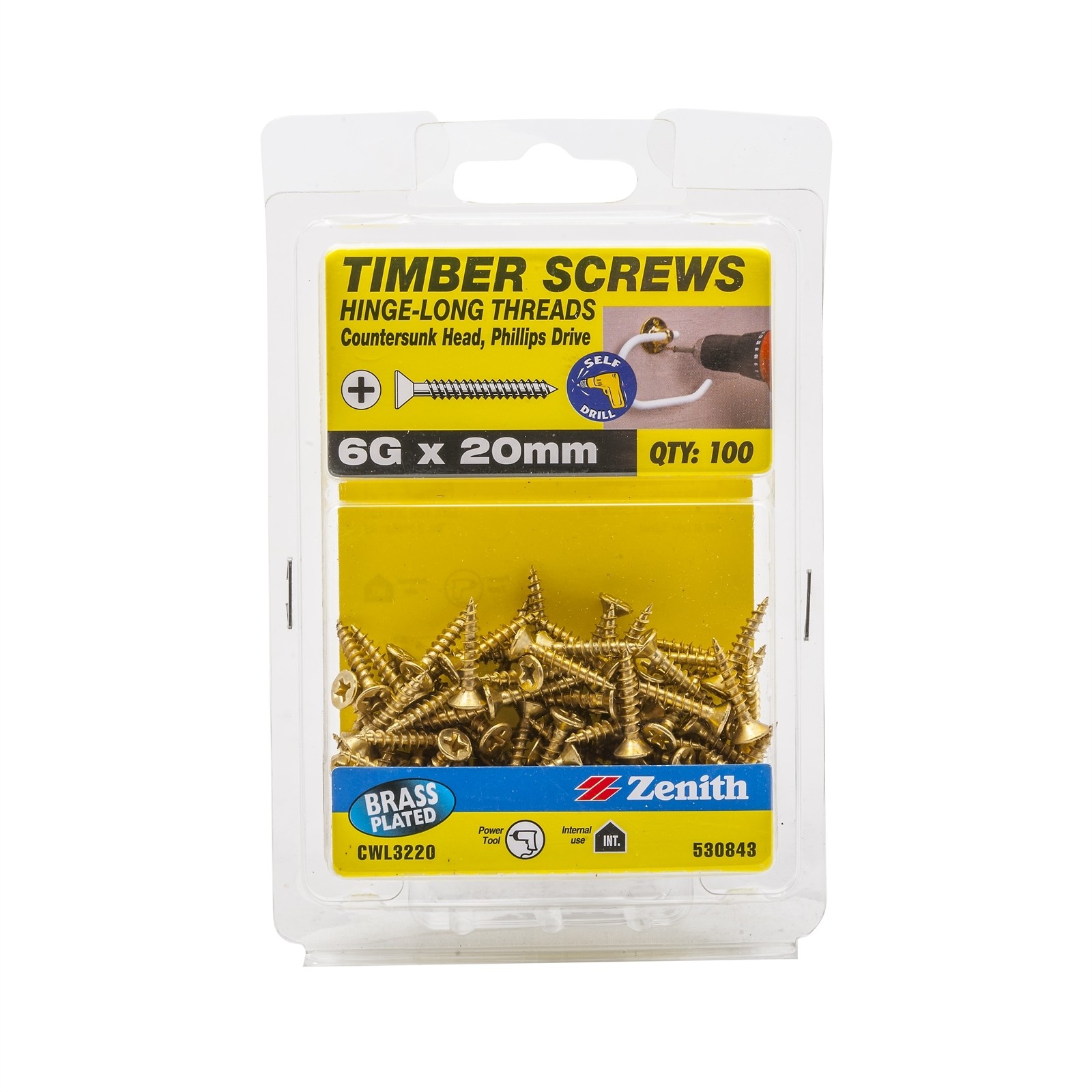Zenith 6G x 20mm Brass Plated Hinge-Long Thread Countersunk Head Timber Screws -
