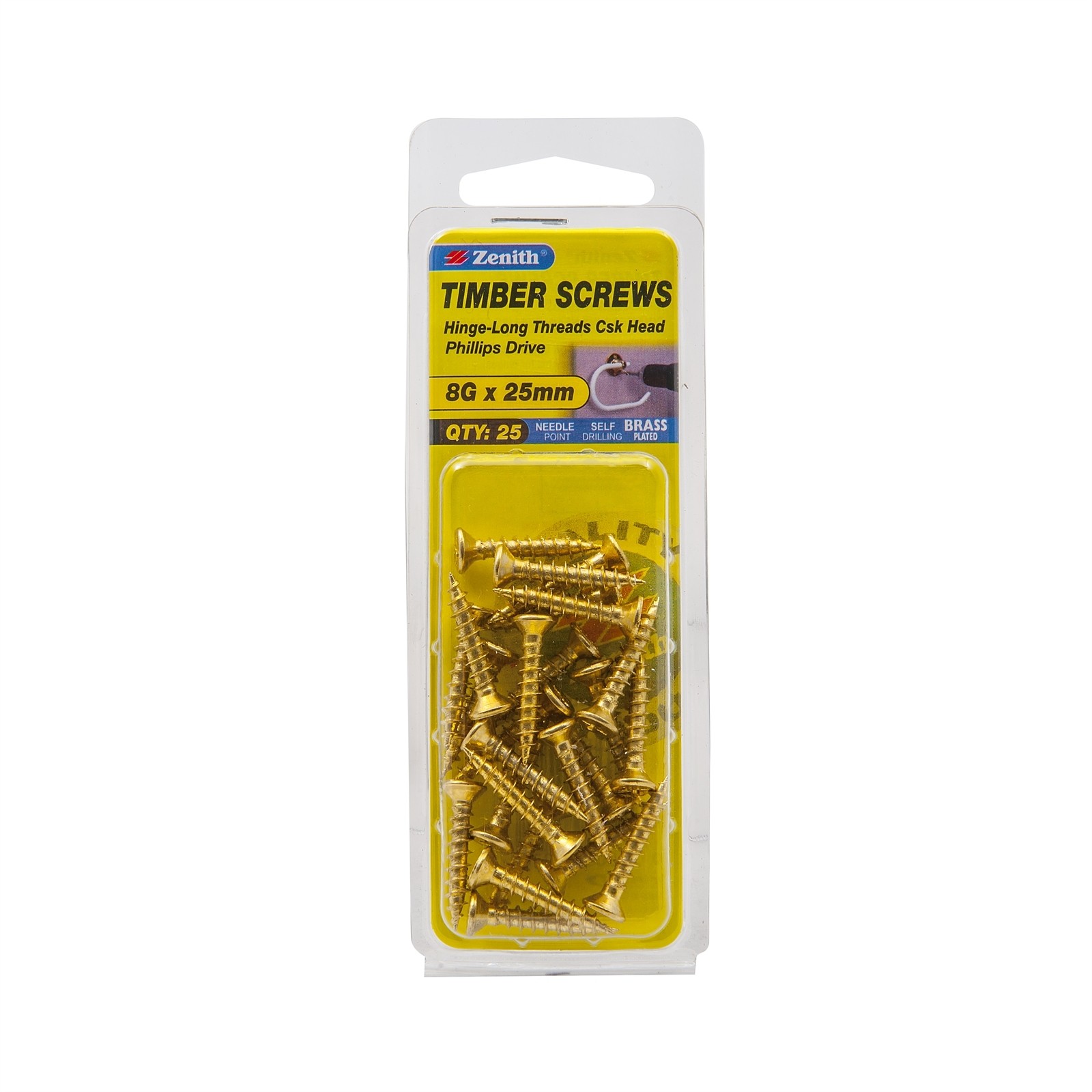 Zenith 8G x 25mm Brass Plated Hinge-Long Threads Countersunk Head 2 pieces
