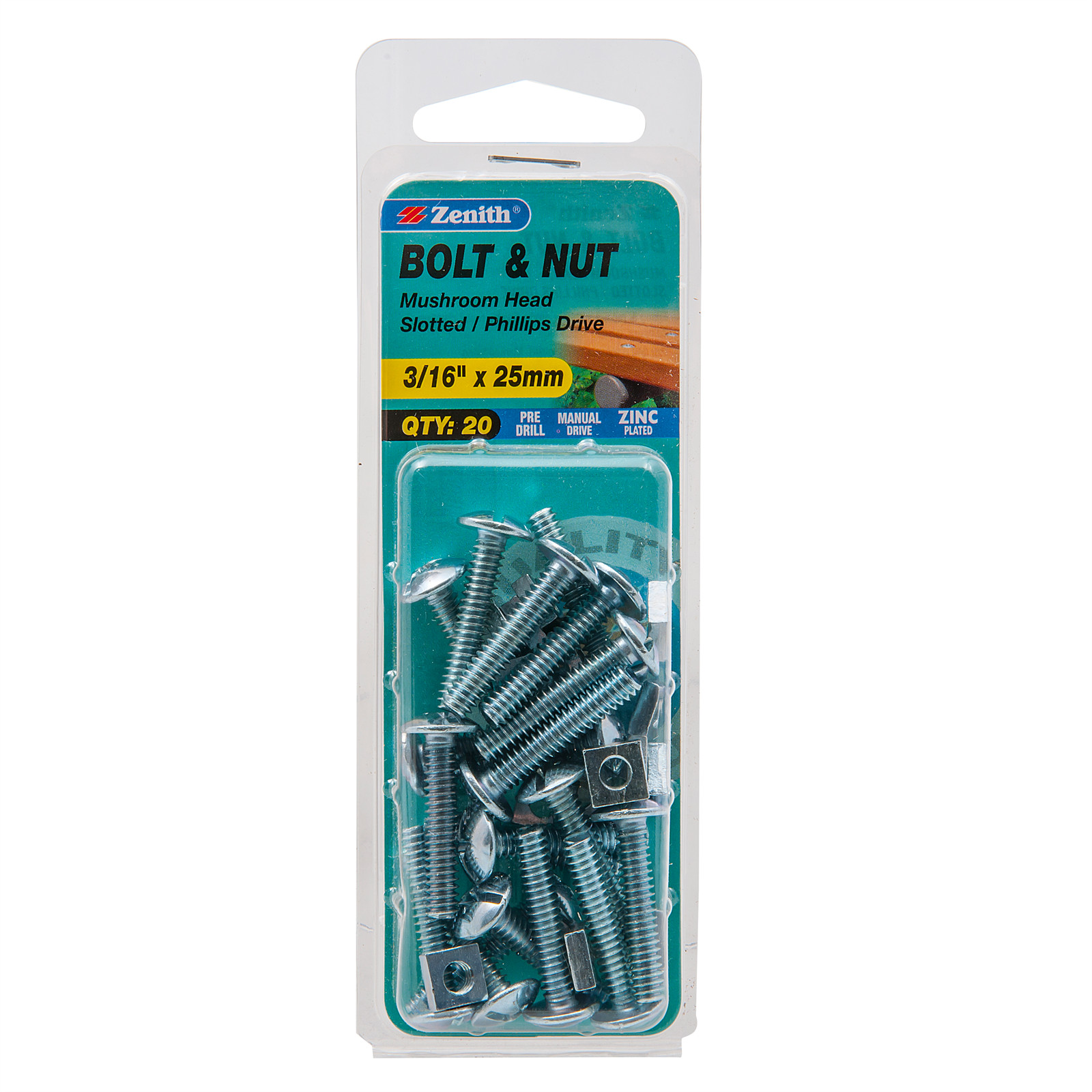 Zenith 3/16" x 25mm Zinc Plated Mushroom Head Bolt And Nut 2 pcs