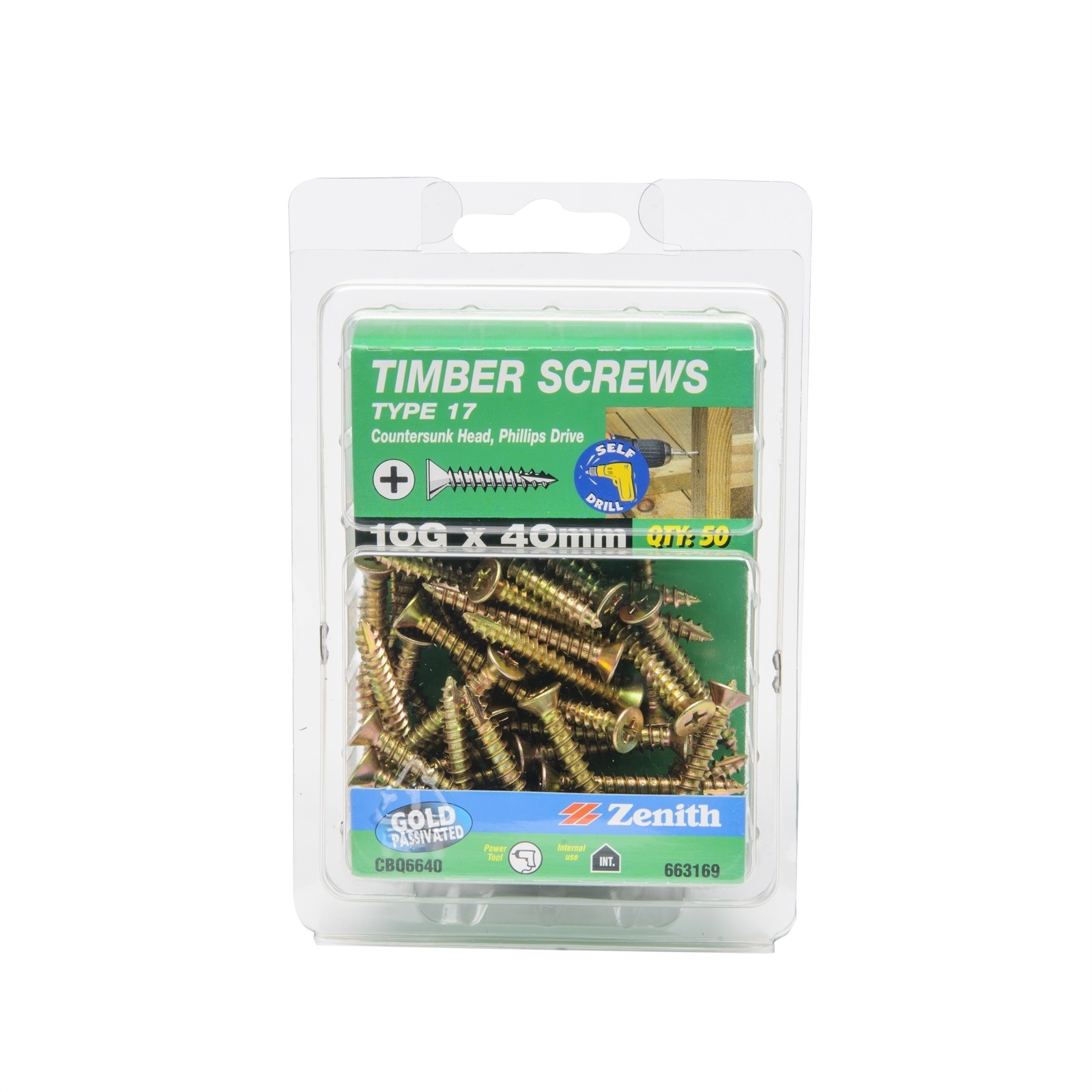 Zenith 10G x 40mm Gold Passivated Type 17 Countersunk Head Timber Screws - 50 Pa