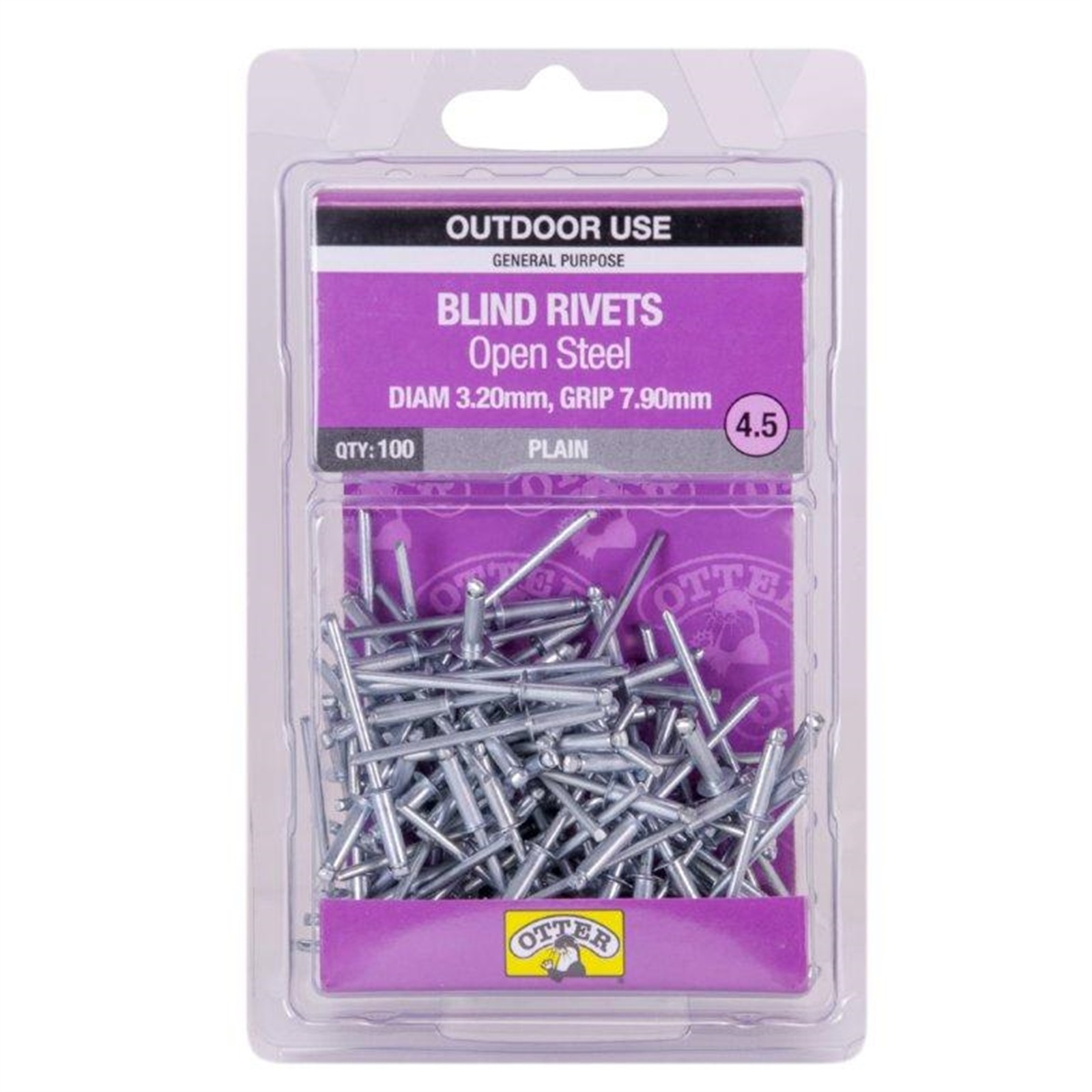 Otter 3.2 x 7.9mm Open Steel Blind Rivets - 100 pieces