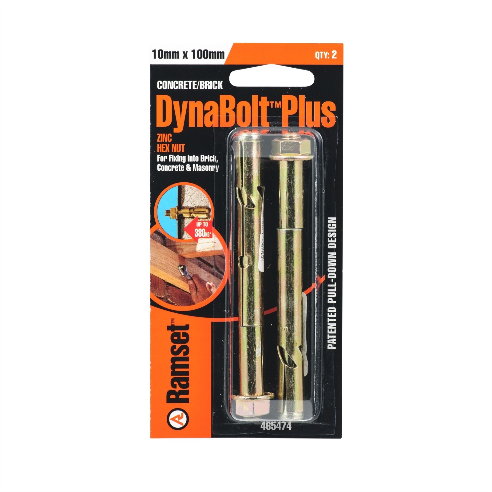 Ramset 10 x 100mm Dynabolt Plus Hex Nut Bolts 2 pcs