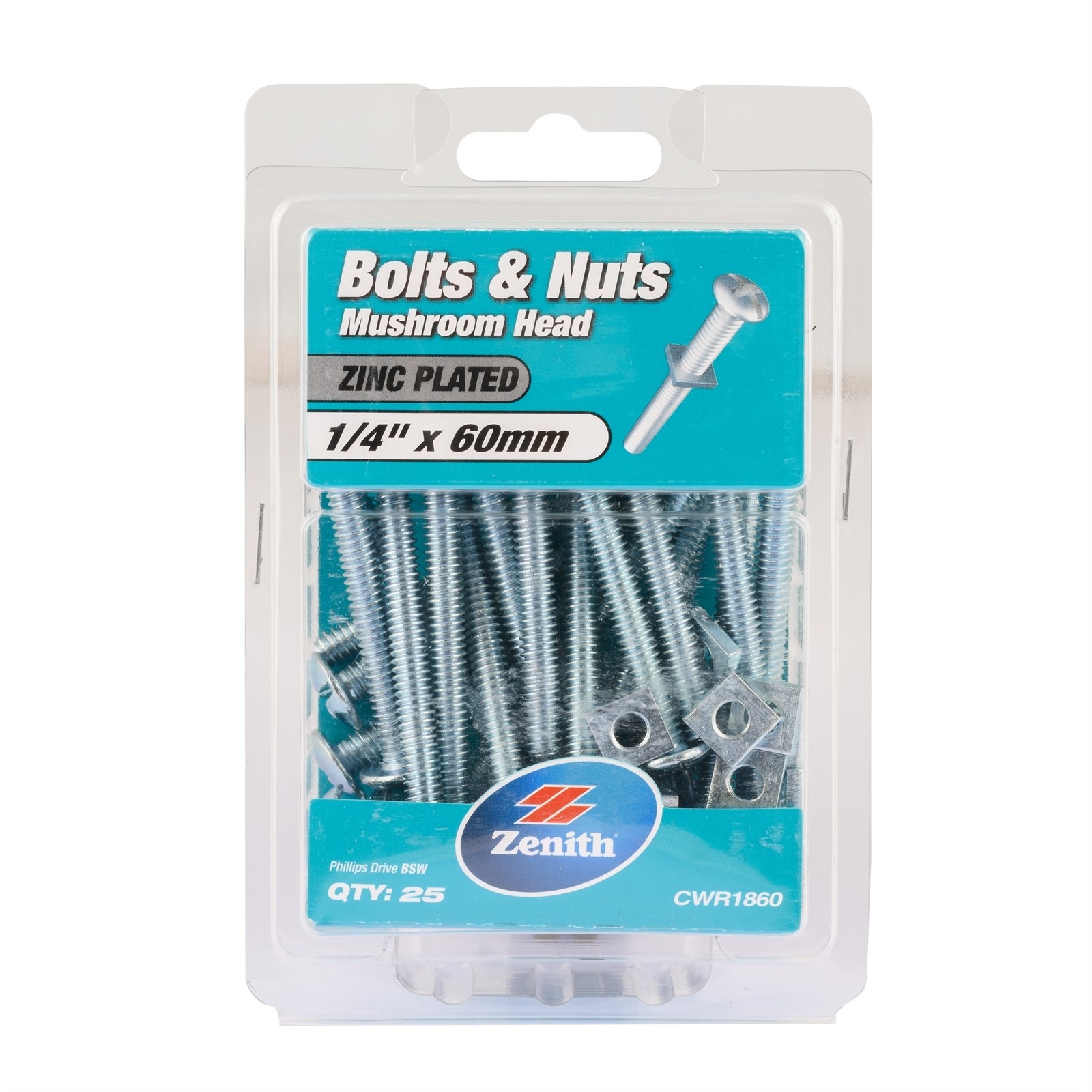 Zenith 1/4" x 60mm Zinc Plated Mushroom Head Bolts And Nuts - 25 pieces