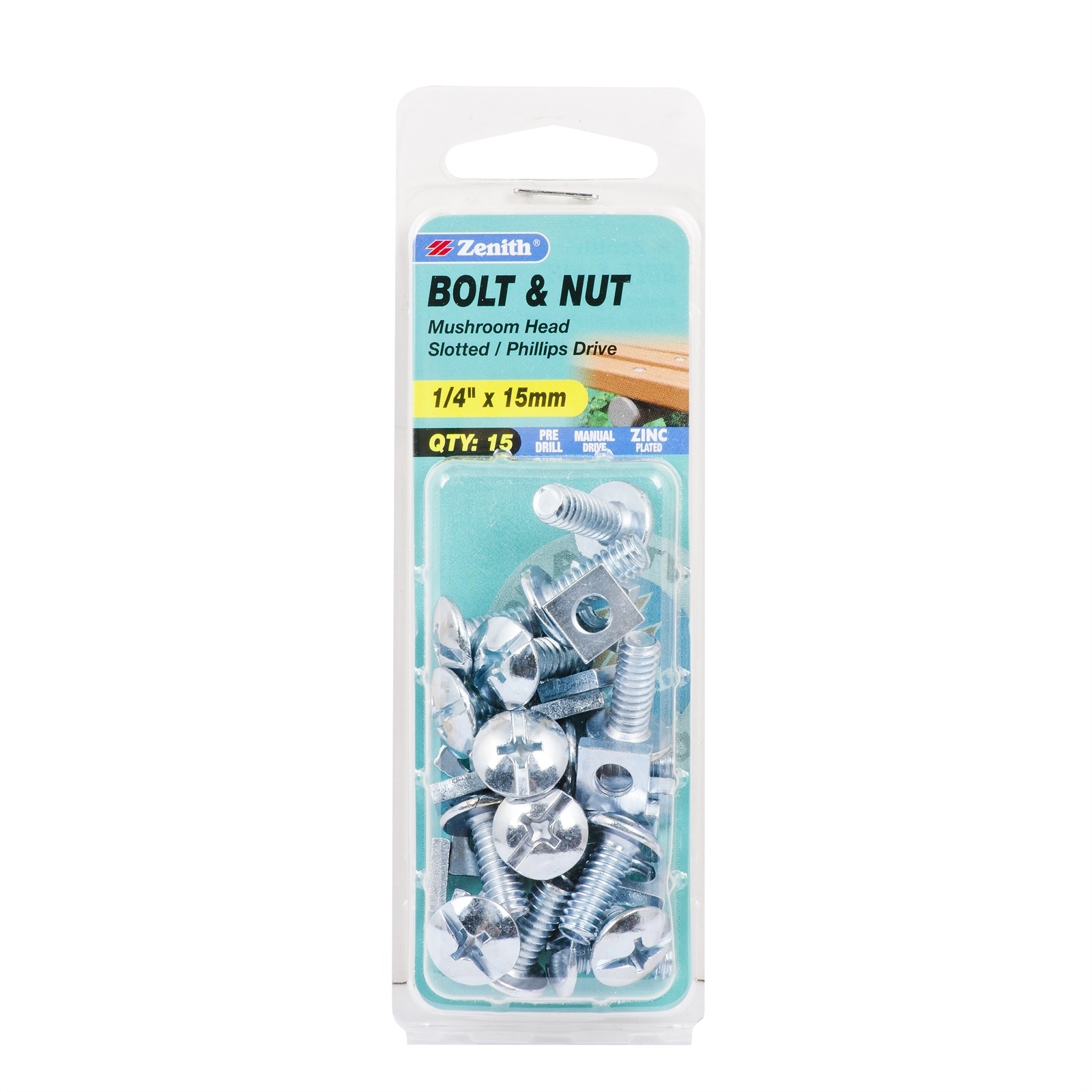 Zenith 1/4" x 15mm Zinc Plated Mushroom Head Bolt And Nut - 15 pieces